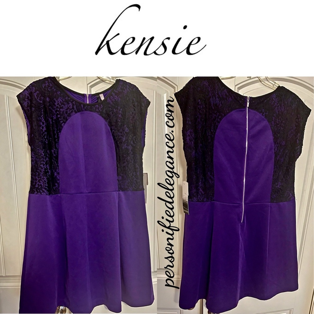 NEW Kensie Deep Purple Black Lace Accent Fit & Flare Dress Size XL